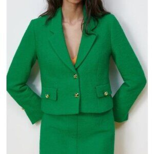 ZARA Green Textured Tweed Gold Button Cropped Jacket Blazer